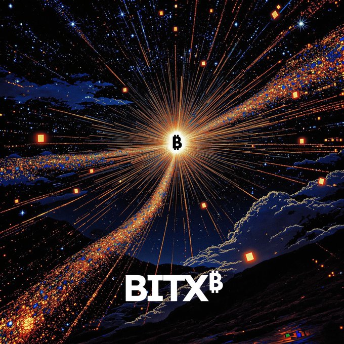 A cosmic-themed digital artwork with a Bitcoin 'B' logo at the center emitting radiant orange and gold light beams across a starry night sky with clouds, labeled 'BITX' at the bottom.