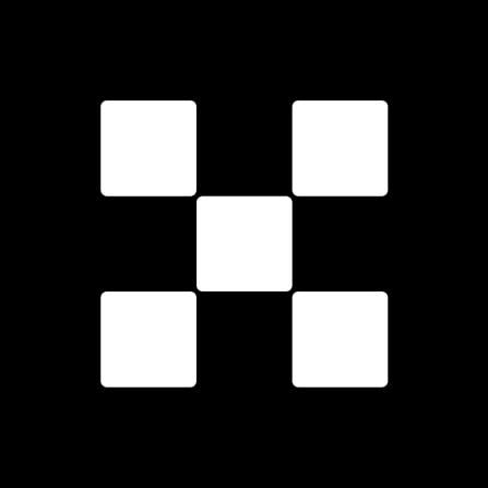 A minimalist logo consisting of five white rounded squares arranged in a pattern on a black background.