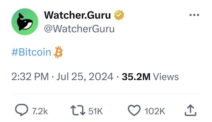 A screenshot of a tweet from @WatcherGuru with the text "#Bitcoin" and the Bitcoin logo, posted at 2:32 PM on Jul 25, 2024, showing 35.2M views, 7.2k comments, 51K retweets, and 102K likes.