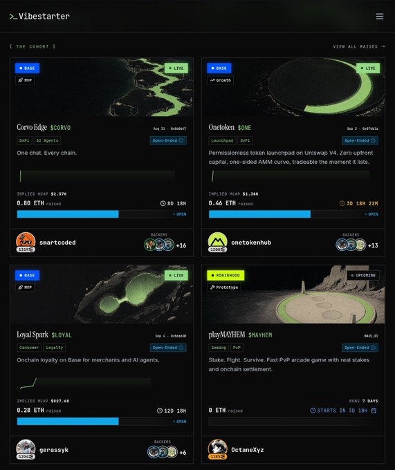 A screenshot of the Vibestarter platform showing crypto project listings including 'Corvo Edge $CORVO', 'Onetoken $ONE', 'Loyal Spark $LOYAL', and 'playMAYHEM $MAYHEM'.