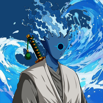 An anime-style illustration depicts a blue-skinned character with glowing eyes in a white robe, carrying a katana sword with a green tassel on their back, set against a dramatic backdrop of crashing blue waves.