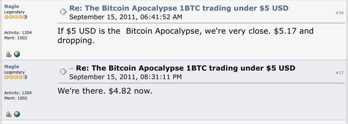 A screenshot of a forum thread titled "Re: The Bitcoin Apocalypse 1BTC trading under $5 USD" dated September 15, 2011, shows user Nagle commenting "If $5 USD is the Bitcoin Apocalypse, we're very close. $5.17 and dropping," followed by a later post declaring "We're there. $4.82 now," capturing the moment Bitcoin famously crashed to under $5.