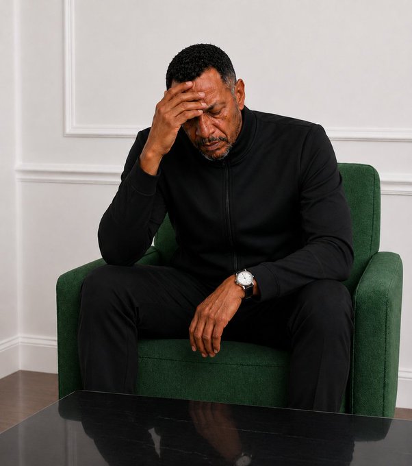A man in a black outfit sits slumped in a green armchair, his hand pressed to his forehead in a gesture of frustration or forgetfulness, while his watch is visible on his wrist. The image visually reinforces the post's message of being so absorbed in the platform X that he forgot about his crypto trades.