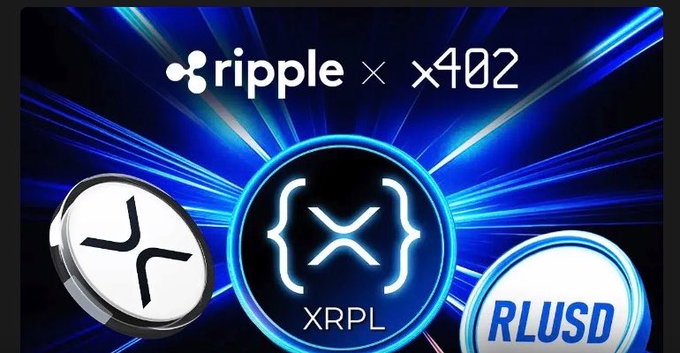 A promotional graphic announcing Ripple's partnership with the x402 Foundation, featuring the Ripple logo and "x402" text at the top, alongside a stylized XRP Ledger (XRPL) emblem and a coin displaying the RLUSD stablecoin ticker, all set against a dynamic blue light-burst background that visually represents the convergence of AI-driven payments and the XRP ecosystem.