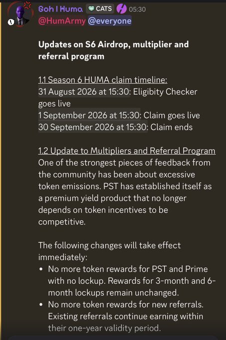 A Telegram announcement from @HumArmy updating users on the S6 airdrop, multiplier, and referral program changes for HUMA and PST tokens.