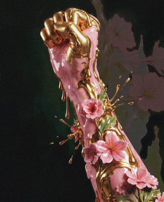 A dark, surreal digital painting of a raised arm made of dripping gold and pink liquid, adorned with pink cherry blossoms and set against a black background with faint floral silhouettes.