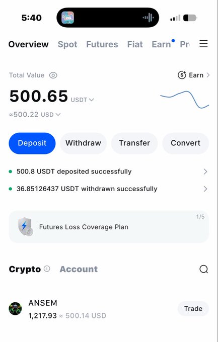 A screenshot of a crypto portfolio overview showing a total value of 500.65 USDT, with $ANSEM listed as a holding (1,217.93 tokens ≈ $500.14 USD), supporting the post's claim of stacking $500 worth of $ANSEM.