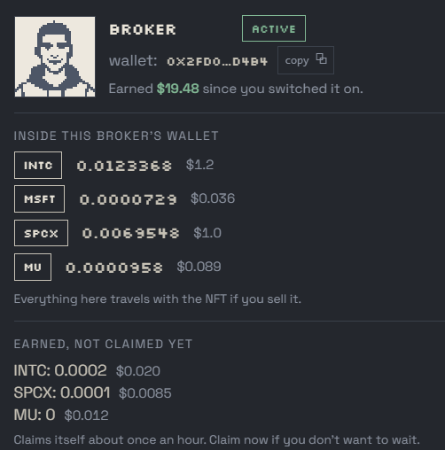 A digital wallet interface for a 'BROKER' shows it is 'ACTIVE' and has earned $19.48, listing holdings in INTC, MSFT, $PCX, and MU, along with unclaimed earnings.