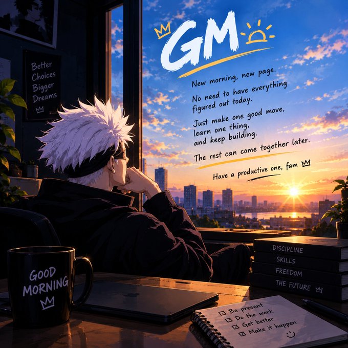 An anime-style 'GM' (Good Morning) illustration featuring a white-haired character looking out a window at a city sunrise, with motivational text about new beginnings and productivity.