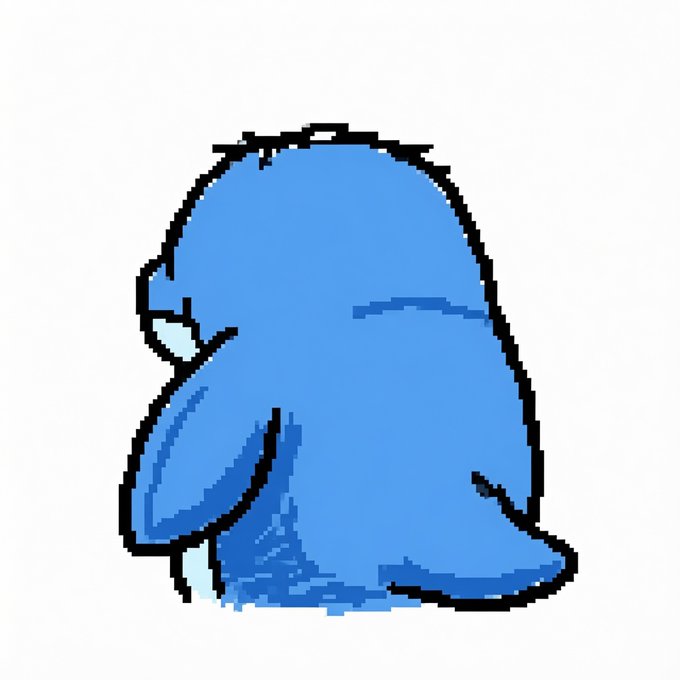 A pixel art illustration of a round, blue, ghost-like creature seen from behind against a white background.