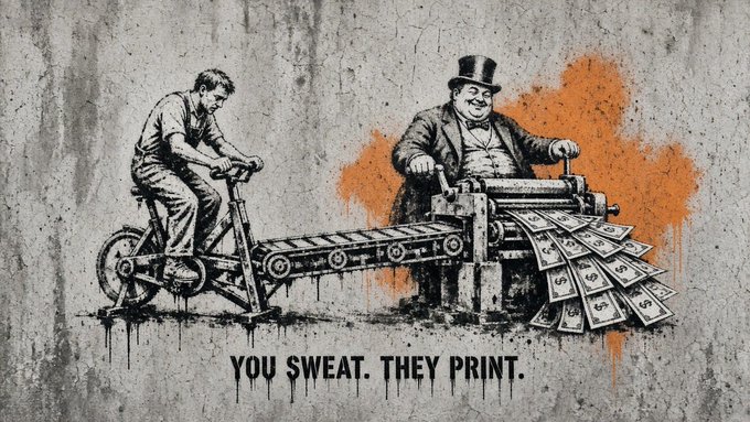 A gritty political cartoon, labeled “Cartoon #23,” shows a worker pedaling a printing press that prints dollar bills for a wealthy man in a top hat. The poster reads “YOU SWEAT. THEY PRINT.” in bold black text beneath the image.