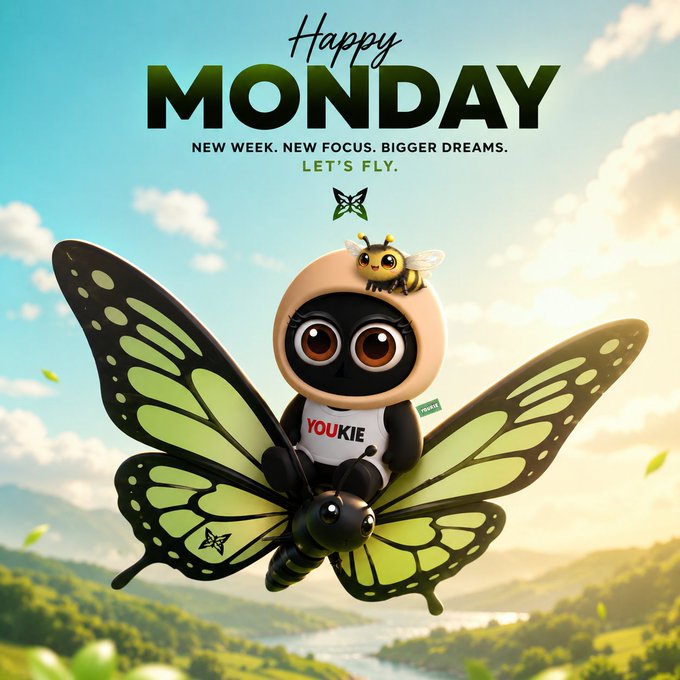 A cute 3D-rendered black character wearing a hoodie labeled "YOUKIE" rides a giant green butterfly through a sunny sky, with a tiny bee companion on its head, beneath the text "Happy MONDAY — New Week. New Focus. Bigger Dreams. Let's Fly." The whimsical, uplifting illustration pairs with the post's message about @quipnetwork's forward-thinking approach to quantum computing and post-quantum security, visually echoing the idea of soaring into a new week of bold innovation.