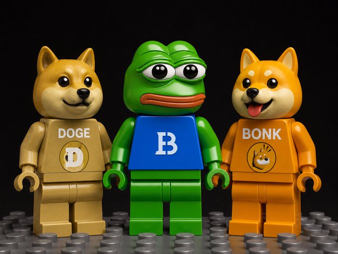 The image features three Lego figures, each with a different color of clothing - yellow (DOGE), green (PEPE), and orange (BONK). The figure on the left has a blue shirt that says "B", while the middle figure wears a blue shirt with an "O" on it. The rightmost figure is dressed in an orange shirt, which also has a "B" written on it. These Lego figures are posed together against a black background, creating a visually striking contrast.
