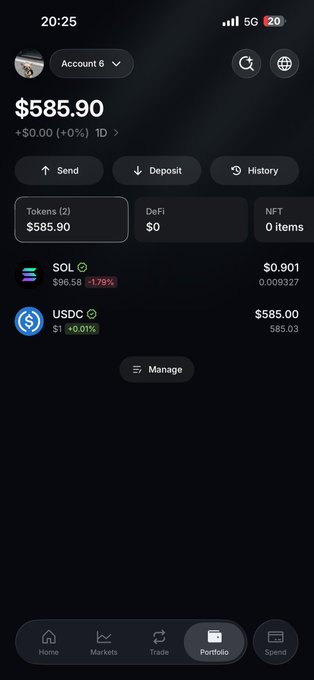 A cryptocurrency portfolio screenshot displays a balance of $585.90, including holdings in SOL ($96.58) and USDC ($585.00), on the Portfolio tab of a mobile app.