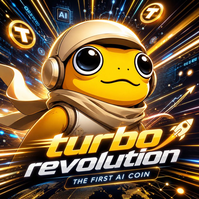 A promotional graphic for 'turbo revolution' cryptocurrency, labeled 'THE FIRST AI COIN', featuring a yellow cartoon character in a space helmet.