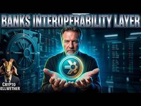 A YouTube thumbnail titled "BANKS INTEROPERABILITY LAYER" featuring a man holding a glowing crypto coin with the XRP logo, branded as "Crypto Hellwether."