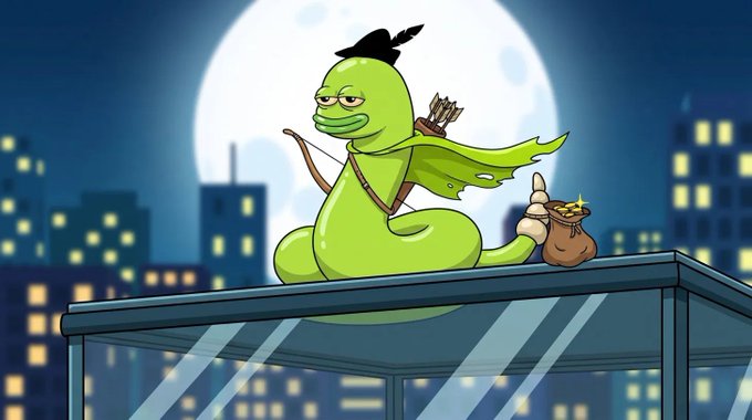 An illustration shows a green worm-like creature dressed as Robin Hood, wearing a feathered cap and cape, holding a bow and a bag of gold while sitting on a rooftop against a full moon.