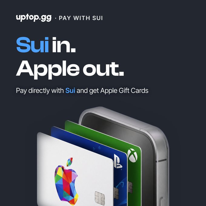 A promotional graphic for uptop.gg features the tagline "Sui in. Apple out." with subtext "Pay directly with Sui and get Apple Gift Cards," accompanied by an image of colorful Apple, PlayStation, and Xbox gift cards layered in front of an iPhone. The visuals directly reinforce the post's message by illustrating the seamless conversion of Sui cryptocurrency into popular gaming and tech gift cards.