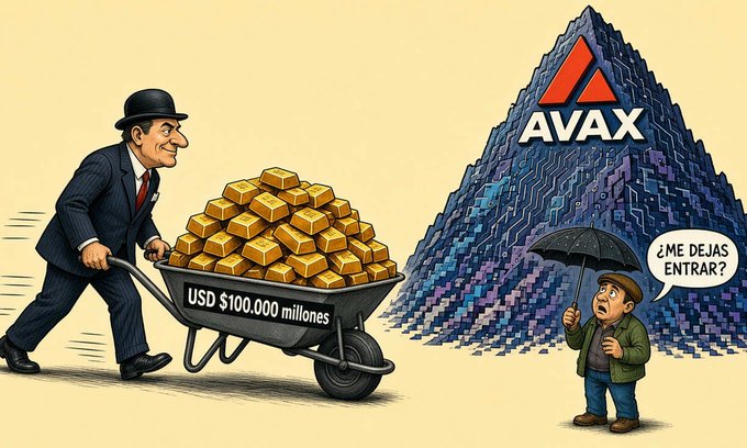 A cartoon illustration featuring a man in a suit pushing a wheelbarrow filled with gold bars labeled 'USD $100.000 millones' toward a digital pyramid labeled 'AVAX', while a smaller man with an umbrella asks '¿ME DEJAS ENTRAR?'.