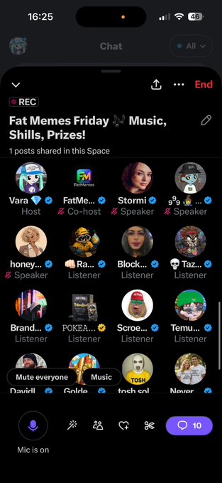A screenshot of a social audio app showing a 'Chat' room titled 'Fat Memes Friday Music, Shills, Prizes!' with multiple participants including a host named Vara, co-host FatMemes, and several speakers and listeners.
