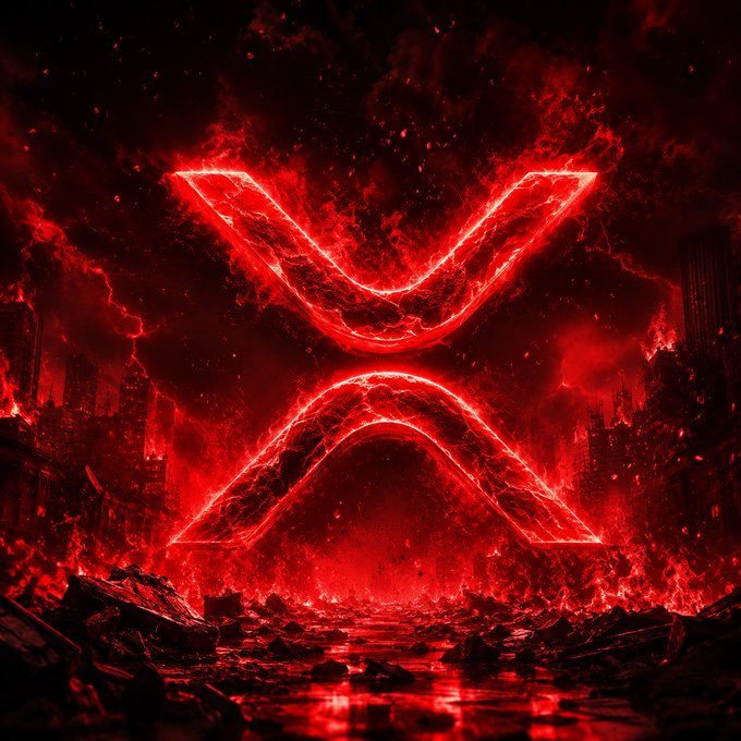 A dramatic red-lit digital artwork featuring the XRP (Ripple) logo glowing in fiery red against a destroyed, post-apocalyptic cityscape background.