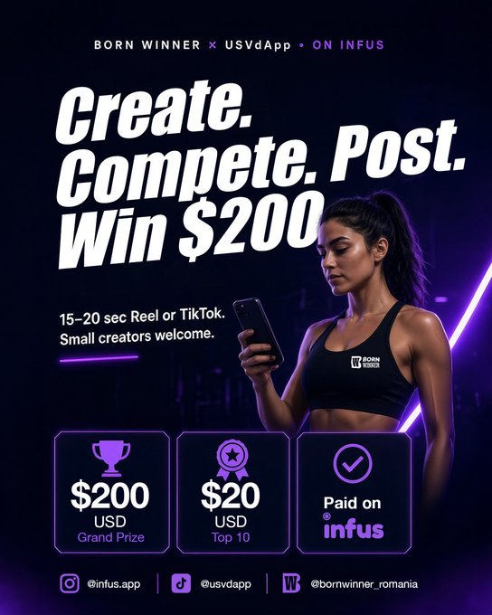 A promotional poster for a contest by 'BORN WINNER x USVdApp on INFUS' featuring 'Create. Compete. Post. Win $200', a $200 USD Grand Prize, and $20 USD for Top 10.