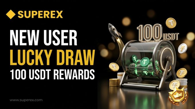 A promotional banner for 'SUPEREX' advertising a 'NEW USER LUCKY DRAW' with '100 USDT REWARDS', featuring a slot machine and gold coins.