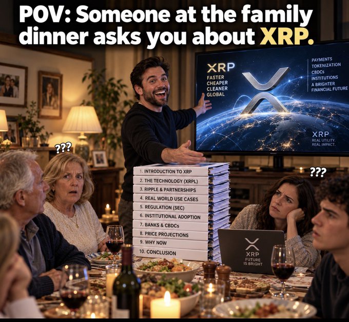 A meme-style image titled 'POV: Someone at the family dinner asks you about XRP.' It shows a man enthusiastically presenting an XRP presentation to confused family members, with a 10-point outline including 'Introduction to XRP', 'The Technology (XRP)', and 'Real World Use Cases'.