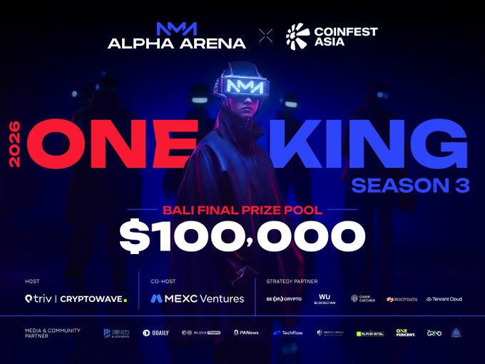 Promotional poster for "Alpha Arena × Coinfest Asia – One King Season 3 (2026)" featuring a futuristic figure with a glowing headset, highlighting a Bali Final Prize Pool of $100,000, with hosts Triv and CryptoWave, co-host MEXC Ventures, and strategy partner BingX.