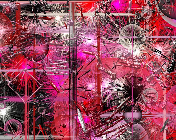 A vibrant abstract digital artwork in shades of red, pink, and black featuring sharp spiky shapes, geometric structures, and starburst patterns creating a chaotic, explosive composition.