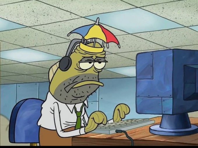 A grumpy-looking fish character wearing a tie and a small umbrella hat with headphones sits typing at a keyboard in front of a computer monitor, appearing exhausted or disillusioned.

The image's weary, overworked expression in a mundane office setting visually captures the post's message about the frustration of putting in hard, unseen work while others with more visibility get rewarded in the web3 space.