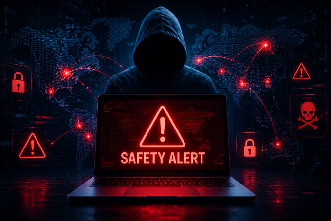 A hooded hacker sits before a laptop displaying a glowing red "SAFETY ALERT" warning, surrounded by digital lock, skull, and caution icons over a world map—visually reinforcing the urgent message that a wallet tied to the theft of 2,055 BTC has moved 30.185 BTC ($1.94M) to a new address, urging vigilance.