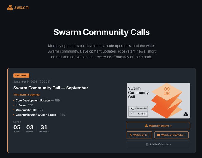 Promotional graphic for 'Swarm Community Calls' featuring an upcoming September 24, 2026 event with development updates and agenda items listed as TBD, including a countdown timer and watch links.