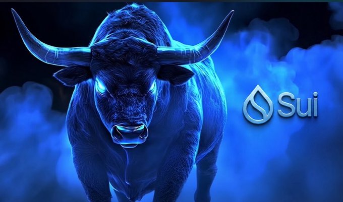 A fierce blue bull with glowing eyes emerges from smoky surroundings, next to the "Sui" logo and water droplet symbol, embodying the post's declaration of being a loyal $SUI bull through and through.