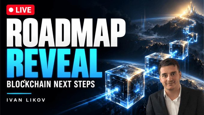 A promotional graphic for a 'Roadmap Reveal - Blockchain Next Steps' live stream featuring Ivan Likov, with glowing blockchain cubes in the background.