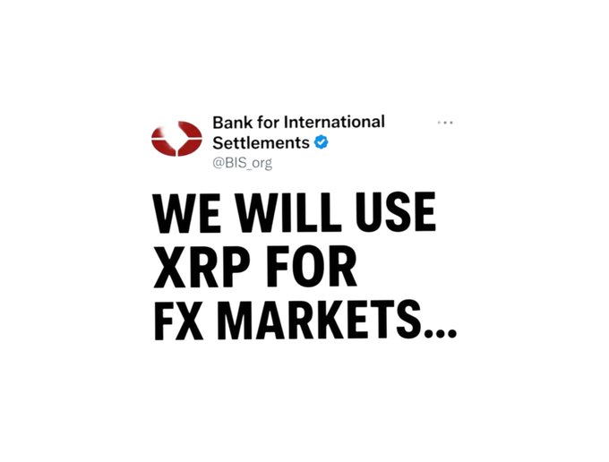 The image features a white background with black text that reads "We will use XRP for FX markets...". The text is written in all capital letters, making it stand out against the white background. This message seems to be related to the Bank For International Settlements (BIS) organization and their decision to use XRP as an alternative currency for FX transactions.