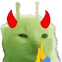A small pixelated green character with red devil horns, green eyes, and a yellow star near its face against a black background.
