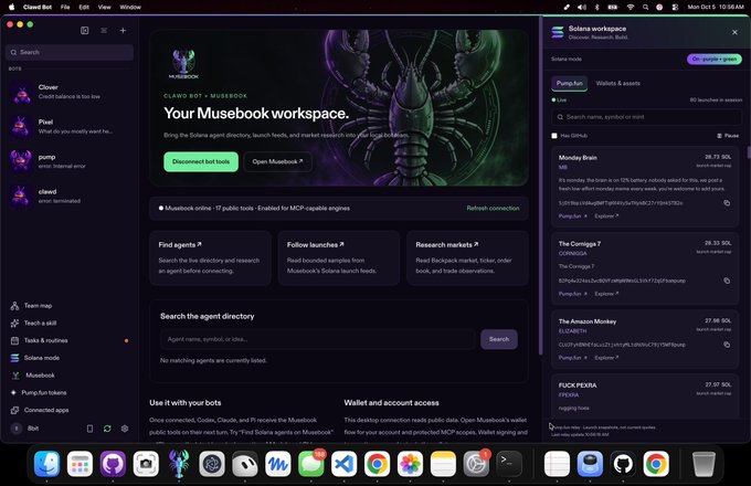 Screenshot of the 'Clawd Bot' application on macOS, displaying a 'Musebook workspace' dashboard with an agent directory and Solana workspace details.
