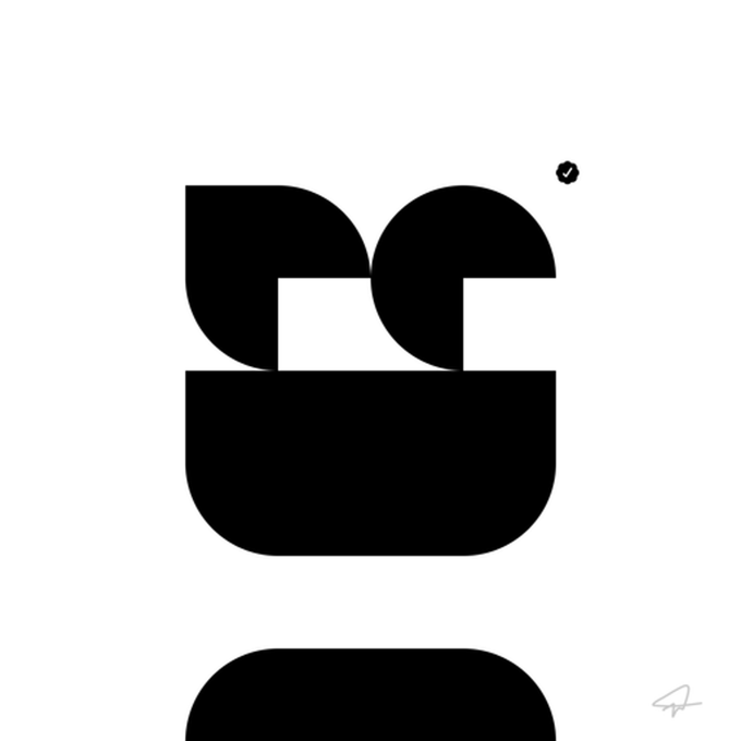 A minimalist black and white geometric logo design featuring rounded shapes forming an abstract figure, with a small checkmark icon in the top right corner and a signature in the bottom right.
