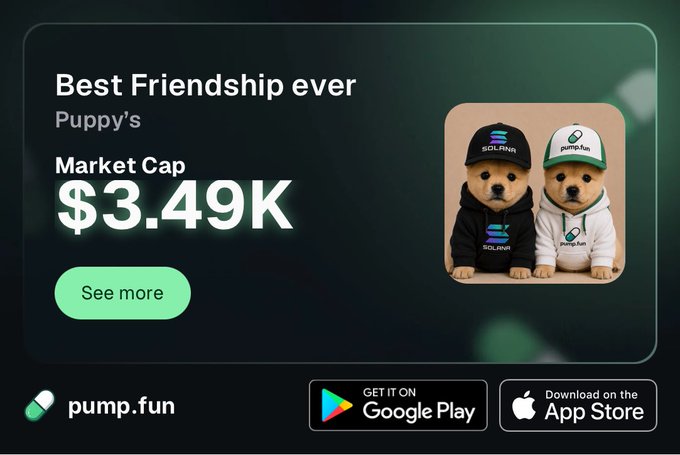 A promotional graphic for pump.fun titled "Best Friendship ever" shows two puppies wearing hoodies branded "SOLANA" and "pump.fun," with a Market Cap of $3.49K and app download links for Google Play and App Store.