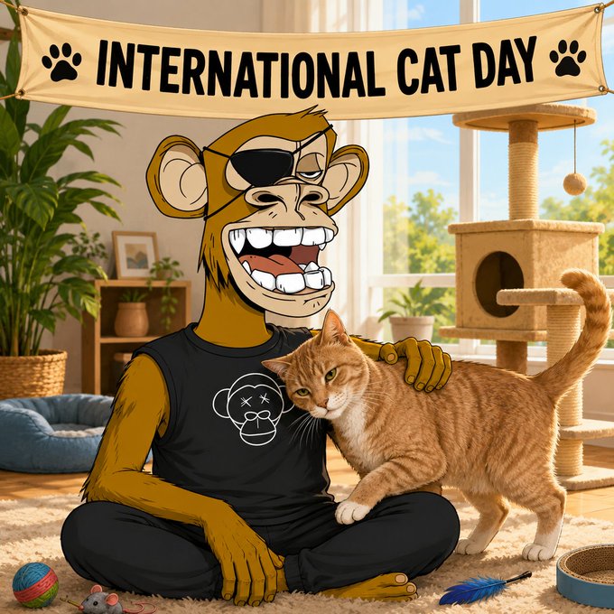 An illustration of an anthropomorphic monkey wearing an eyepatch and a black tank top sitting with an orange tabby cat under an 'International Cat Day' banner.