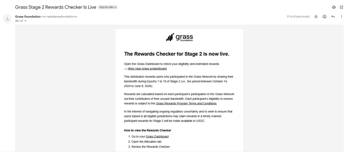 An email screenshot from Grass Foundation announcing 'Grass Stage 2 Rewards Checker Is live', describing how users can check their eligibility and estimated rewards in USDC.