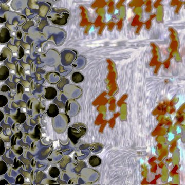 An abstract artwork featuring a textured white background with orange shapes and a cluster of metallic-looking bubble forms on the left side.