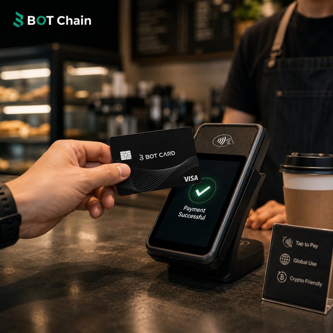 The image shows a person handing over a credit card, which has a green checkmark symbolizing a successful payment. The text above the image reads "BOT Card coming soon. And it highlights something important about the future of Web3: Most people don' t care about blockchain technology." This message suggests that despite the growing interest in Web3 and its potential applications, many individuals still prioritize traditional payment methods over newer technologies like cryptocurrency-based cards or blockchain solutions.

The image also includes a coffee shop setting with a person behind a counter holding a cup of coffee. The presence of the coffee shop adds context to the discussion about Web3 and payments, as it is likely that people often use such establishments for their transactions.