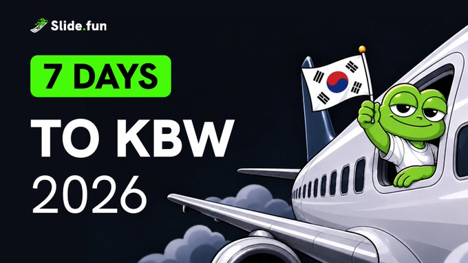 A promotional graphic from Slide.fun with '7 DAYS TO KBW 2026' and a Pepe the Frog character waving a South Korean flag from an airplane window.