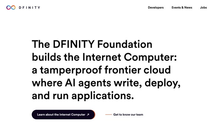 The image shows a website called "The Infinity Foundation", which is an online platform that helps people learn about the internet computer, specifically focusing on building the internet computer with a tamperproof frontier cloud where AI agents write, deploy, and run applications. The website also provides information about the Internet Computer and its features.