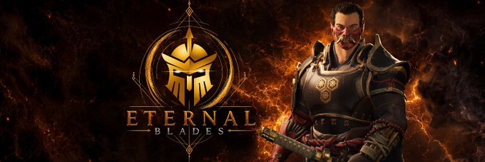 A promotional banner for 'ETERNAL BLADES' featuring a samurai in dark armor beside a golden emblem set against a fiery background.