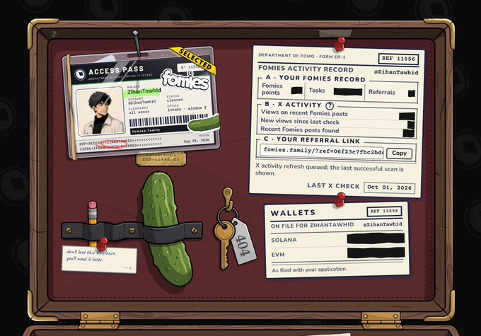 A digital artwork styled as a corkboard displaying an 'Access Pass' and 'Fomies Activity Record' for the user 'ZihanTawhid', along with wallets on Solana and EVM.