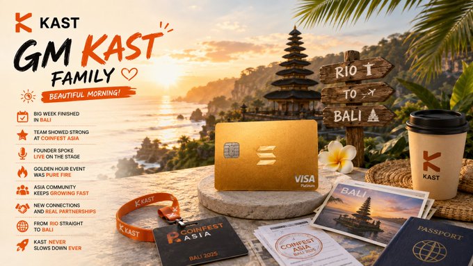 A promotional graphic for "KAST" titled "GM KAST FAMILY" featuring a gold Visa Finance card, travel accessories, and text listing company highlights like "CONIFEST ASIA" set against a Bali beach scene.