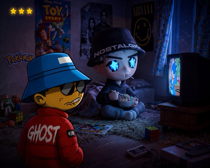 A 3D rendered scene of cartoon characters in a bedroom watching TV, with posters for 'Toy Story', 'Nirvana', and 'Pokémon' on the walls, one character wearing a jacket labeled 'GHOST'.